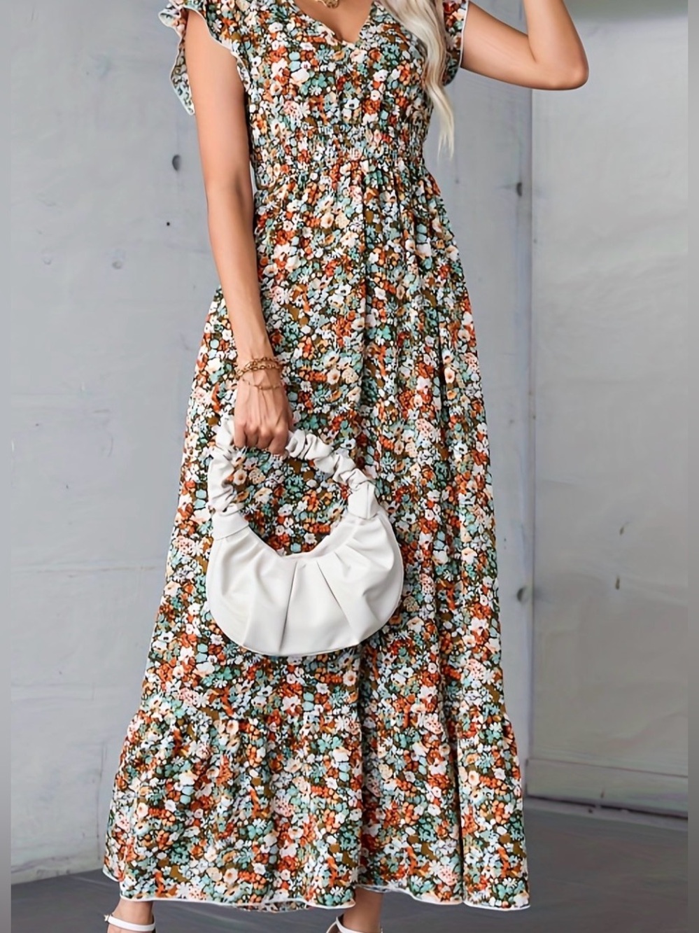Floral Smocked Maxi Dress with Ruffle Sleeves - Multi L